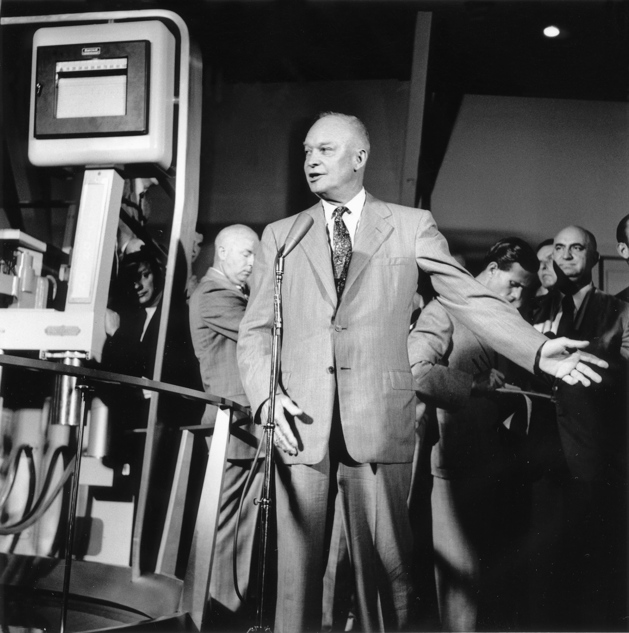 The American President Dwight D. Eisenhower holds a speech during the Geneva Conference of the Four Powers.