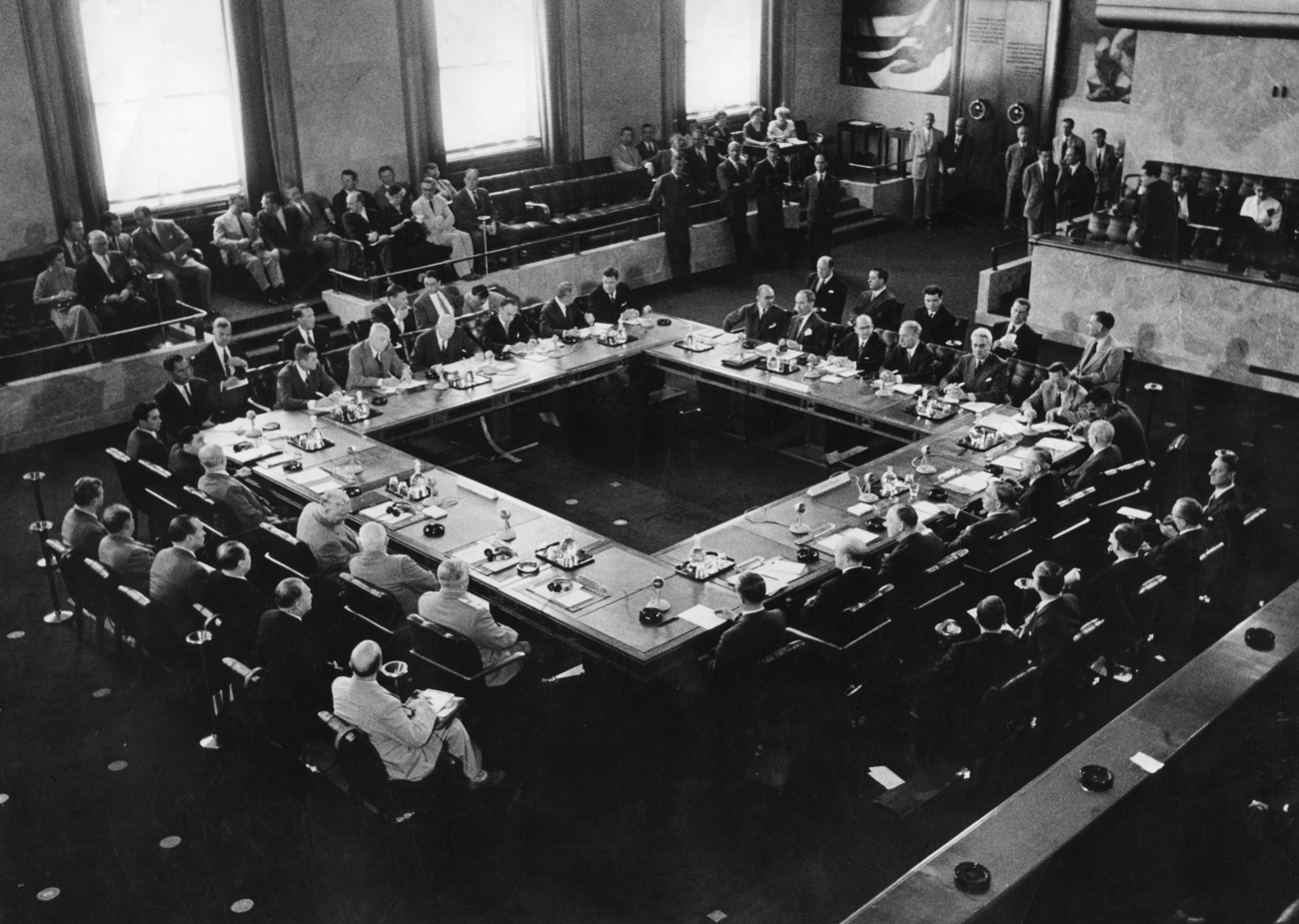 Meeting in a conference hall during the Geneva Summit, a meeting of the USA, USSR, Great Britain and France which took place from 18 to 23 July 1955.
