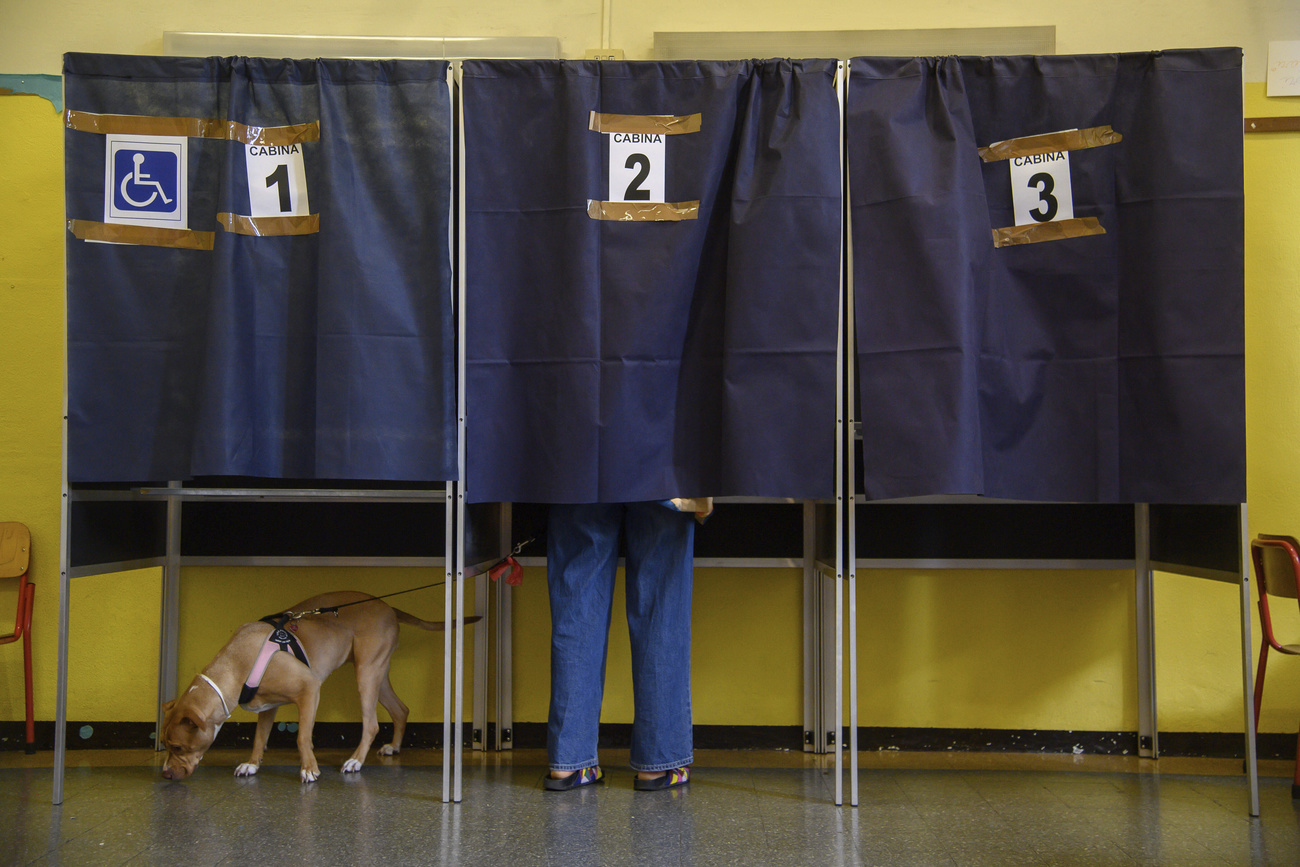 A dog on a leash waits as its owner votes in a booth for referendums on citizenship and job protections, at a polling station in Milan, Italy, Sunday, June 8, 2025.