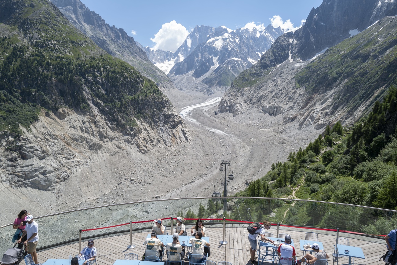 View of the Mer de Glace glacier, France, from the Montenvers viewing platform.