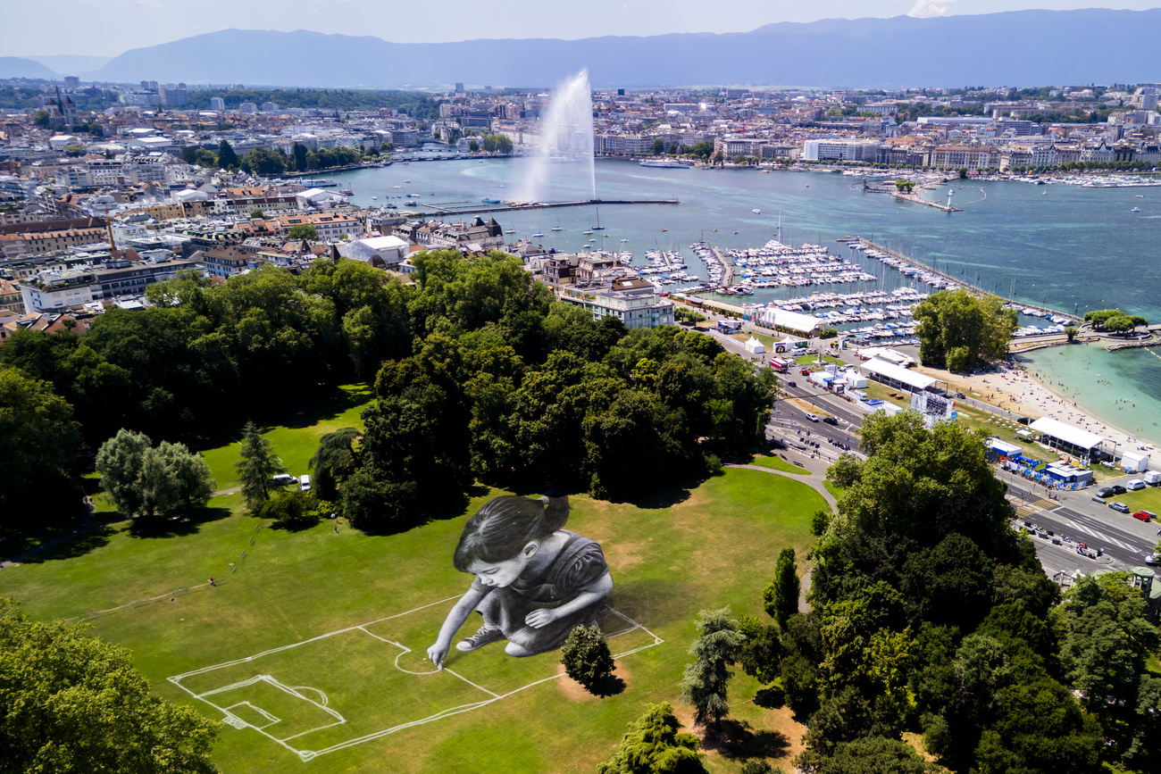 vista su ginevra e opera d'arte