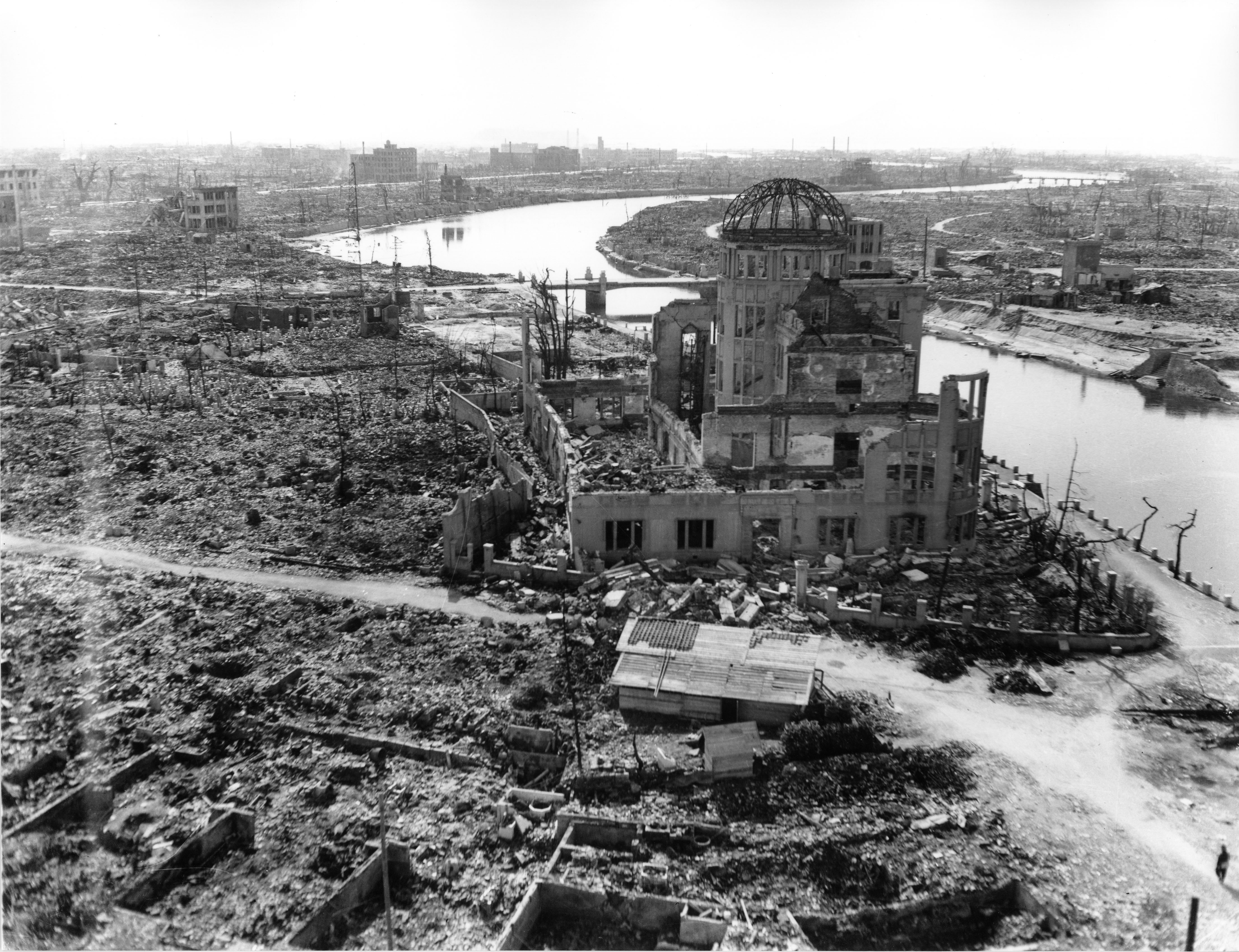 Hiroshima Prefectural Industrial Promotion Hall (Atomic Bomb Dome) and the vicinity of the hypocentre. Photo taken in November 1945.