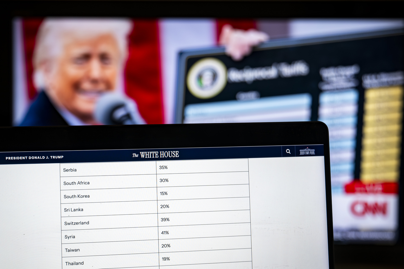 A view of the White House website with customs duties in front of a television screen