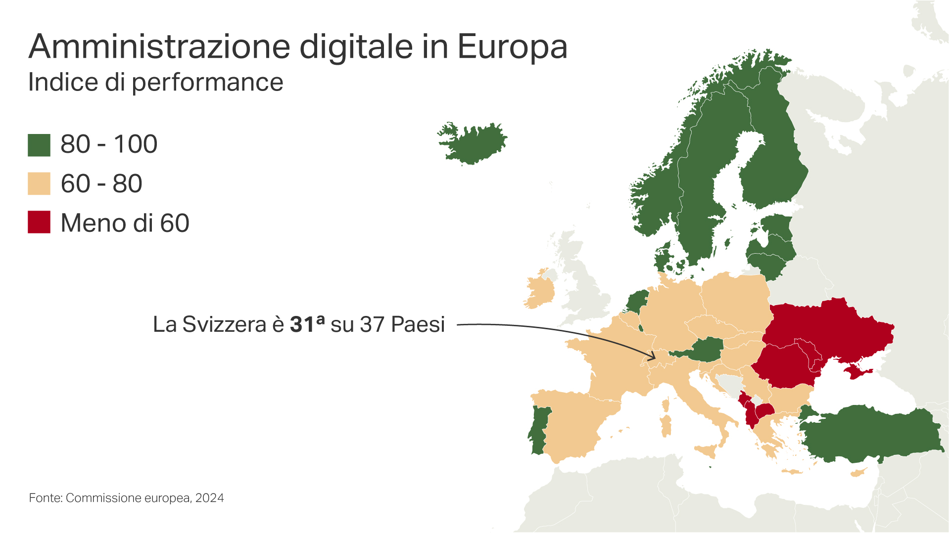 mappa dell'europa che mostra l'indice di performance digitale delle amministrazioni dei paesi