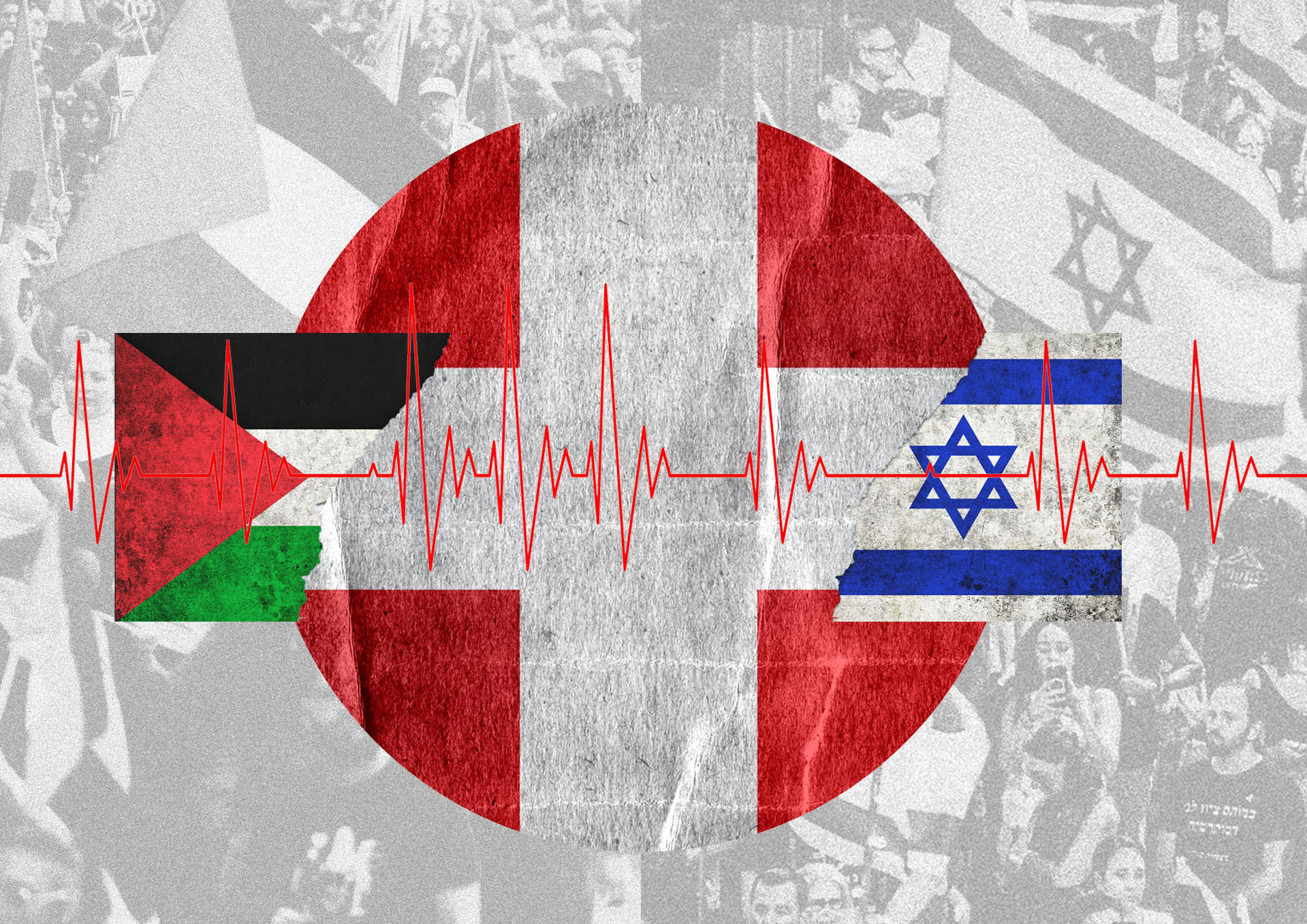 イスラエル、パレスチナ、スイスの国旗のコラージュ