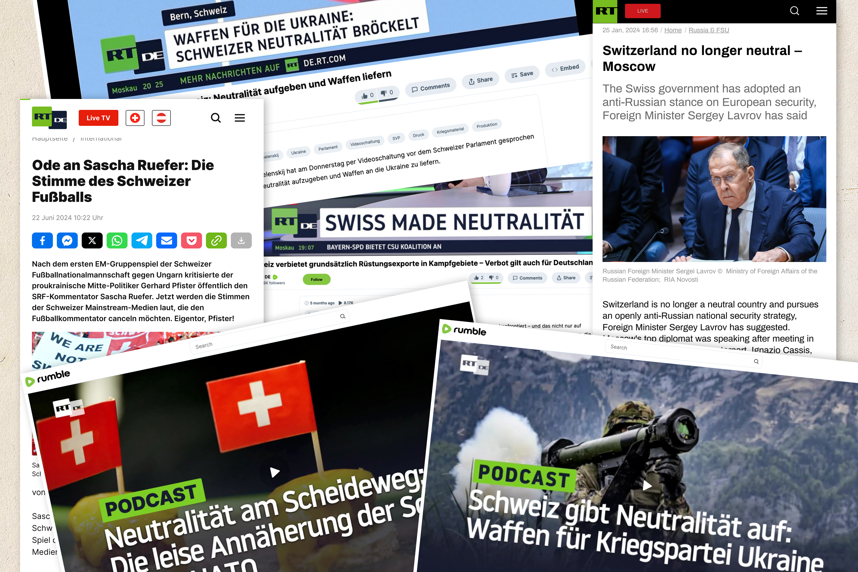 Collage aus Artikeln und Beiträgen von RT