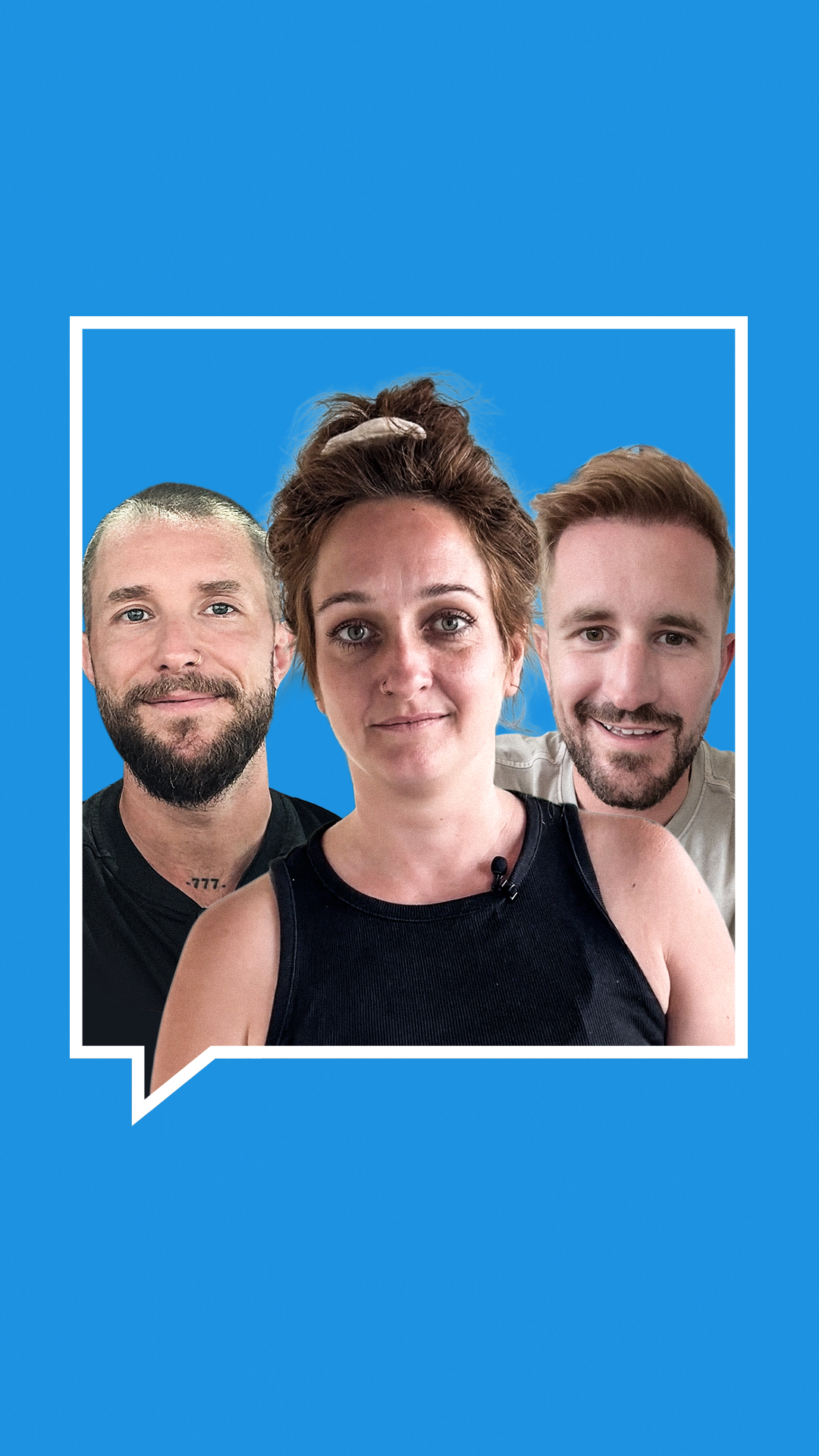 faces of two men and a woman, inside a square speech bubble