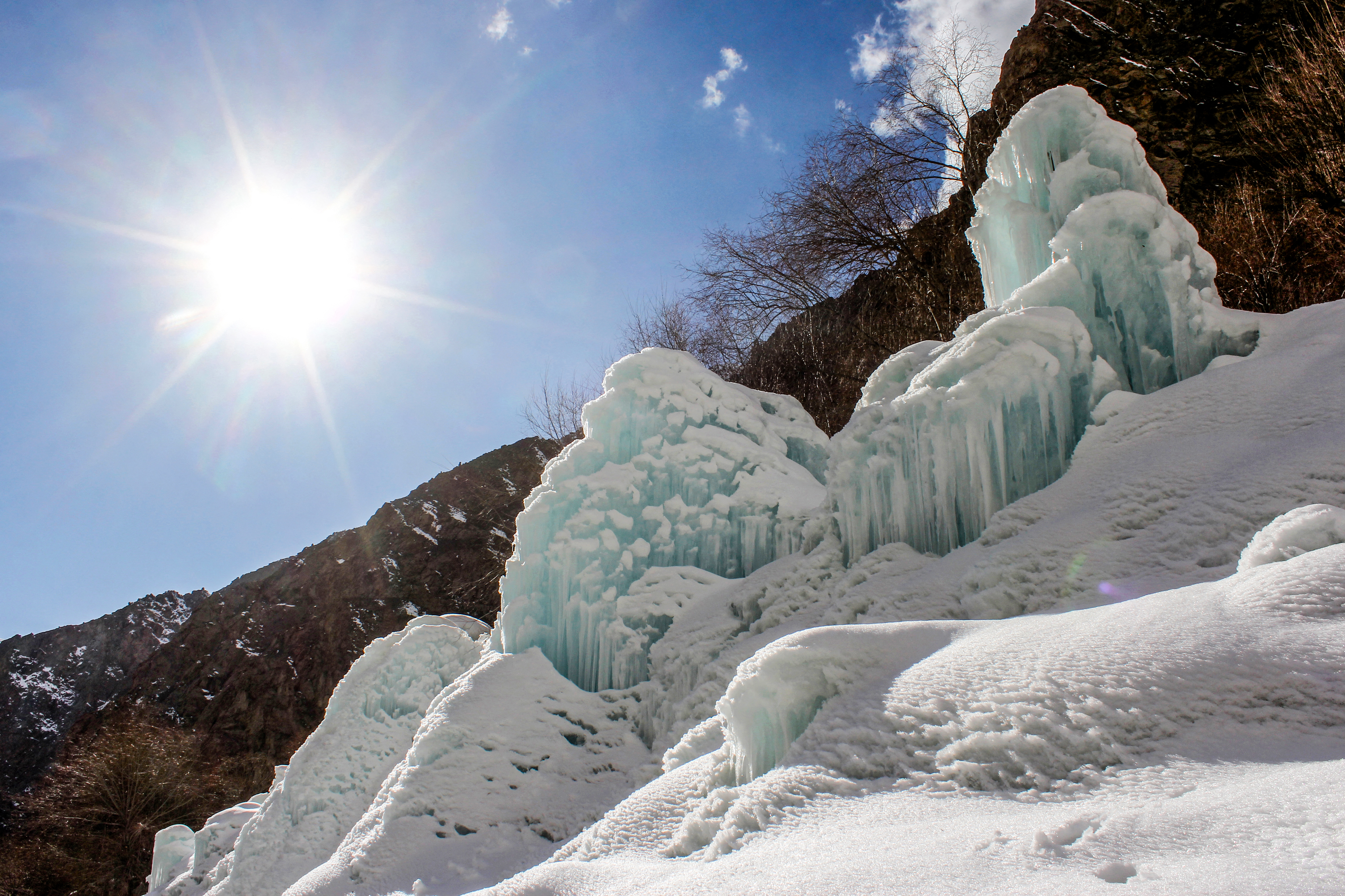 This photograph taken on March 18, 2025 shows an artificial glacier built by local residents during winters to conserve water for the summers at Pari village in Kharmang district, in Pakistan's mountainous Gilgit-Baltistan region.