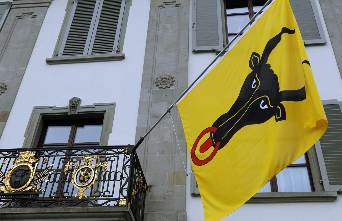 Eine gelbe Flagge mit einem Stierkopf, der einen roten Nasenring trägt