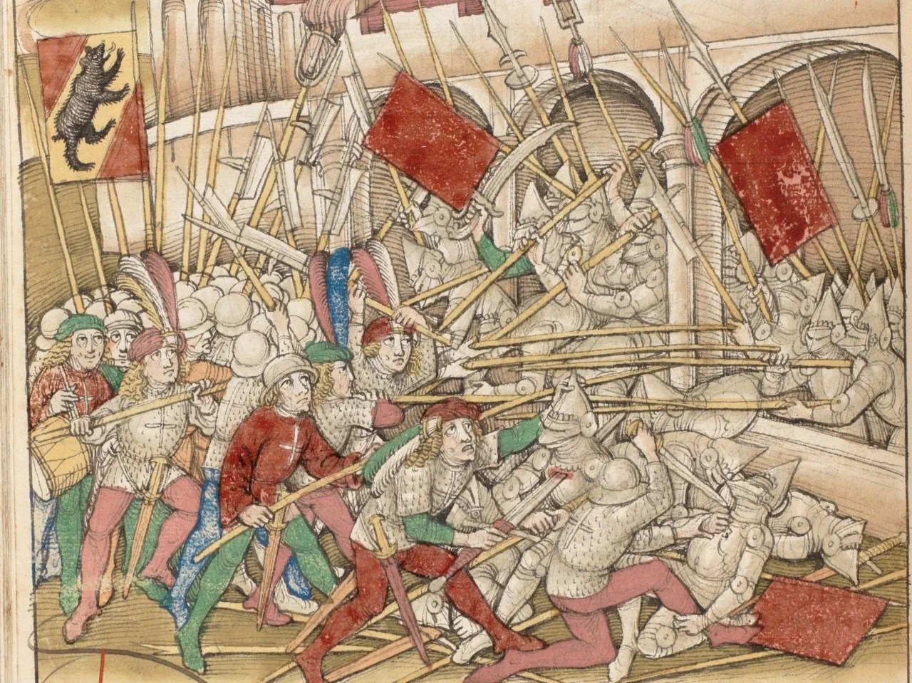The attack by the Bernese on Fraubrunnen Abbey in December 1375. The Guglians have entrenched themselves in the abbey. The illustration dates from 1485, from Diebold Schilling's Spiez Chronicle.
