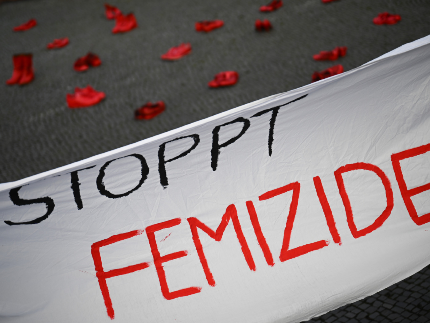 striscione con scritta in tedesco STOPP FEMIZIDE