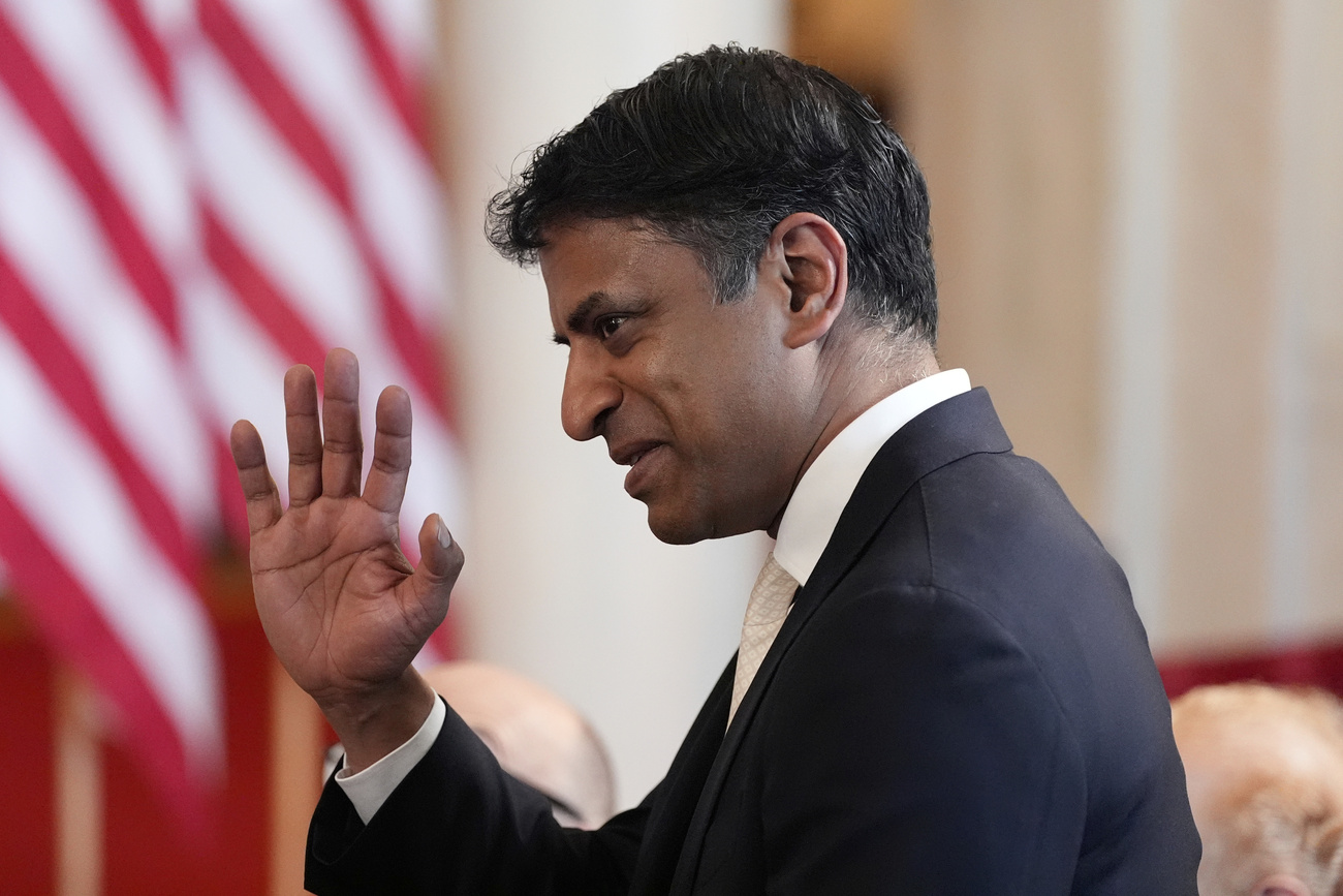 Novartis CEO in front of flag