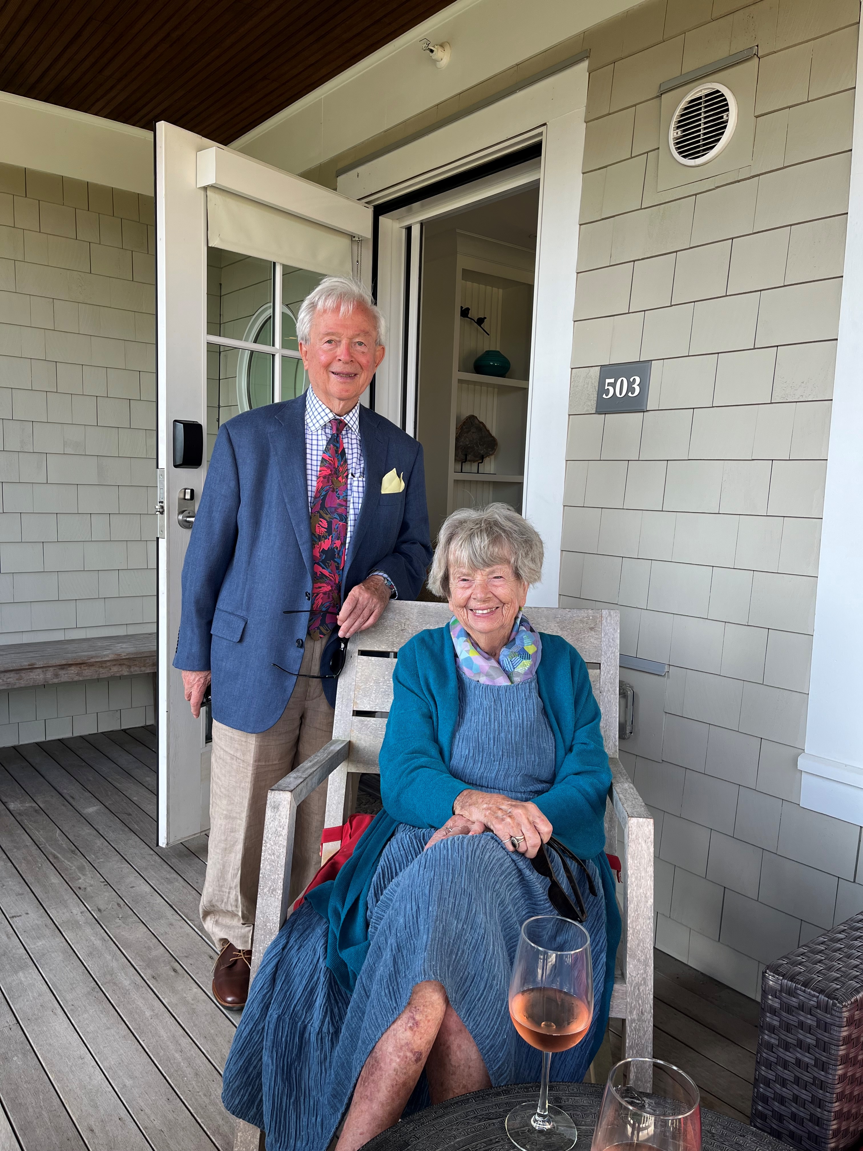 John and Jacqueline Martindale on the porch of their home near Boston, in the United States.