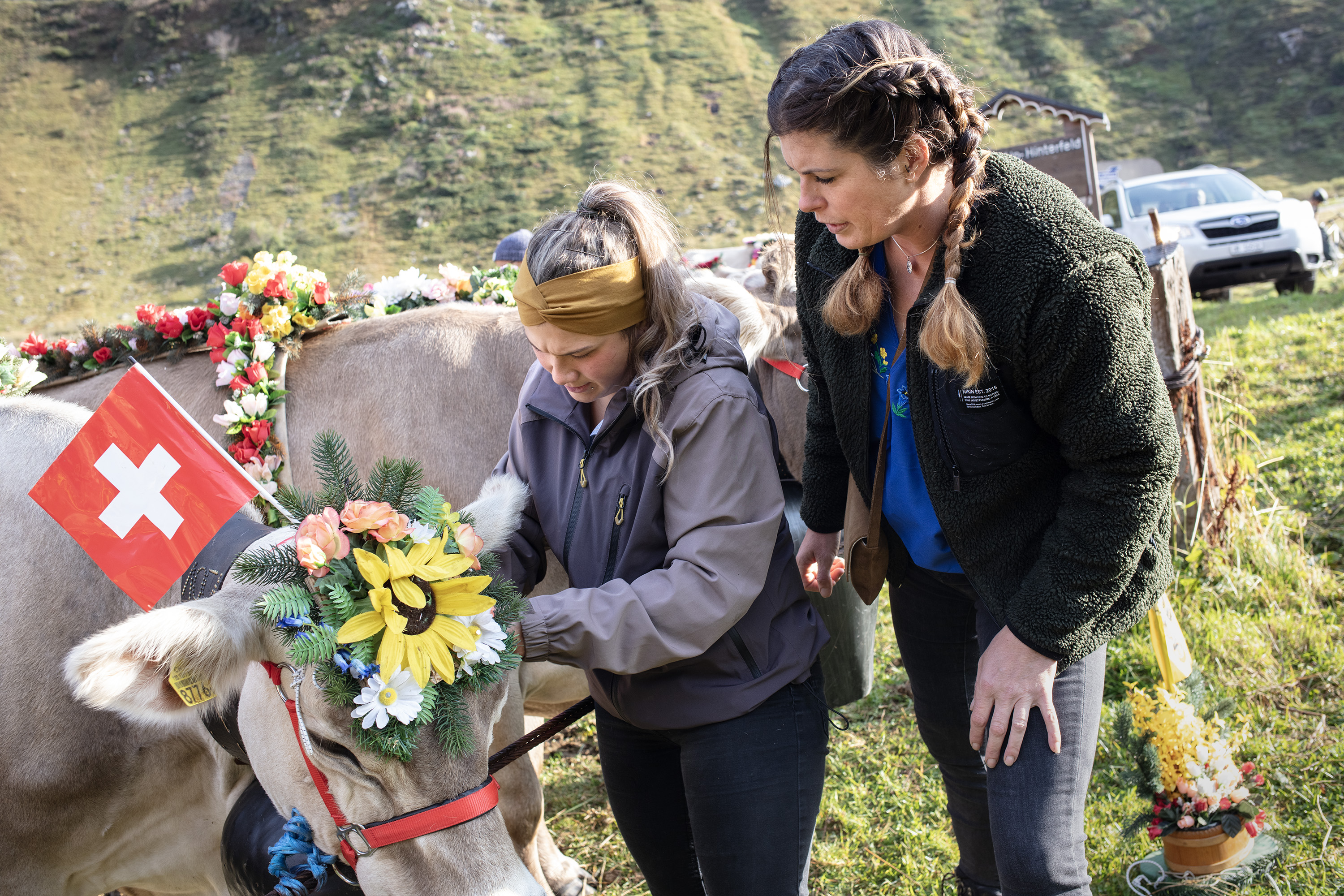 due donne di fianco a una mucca