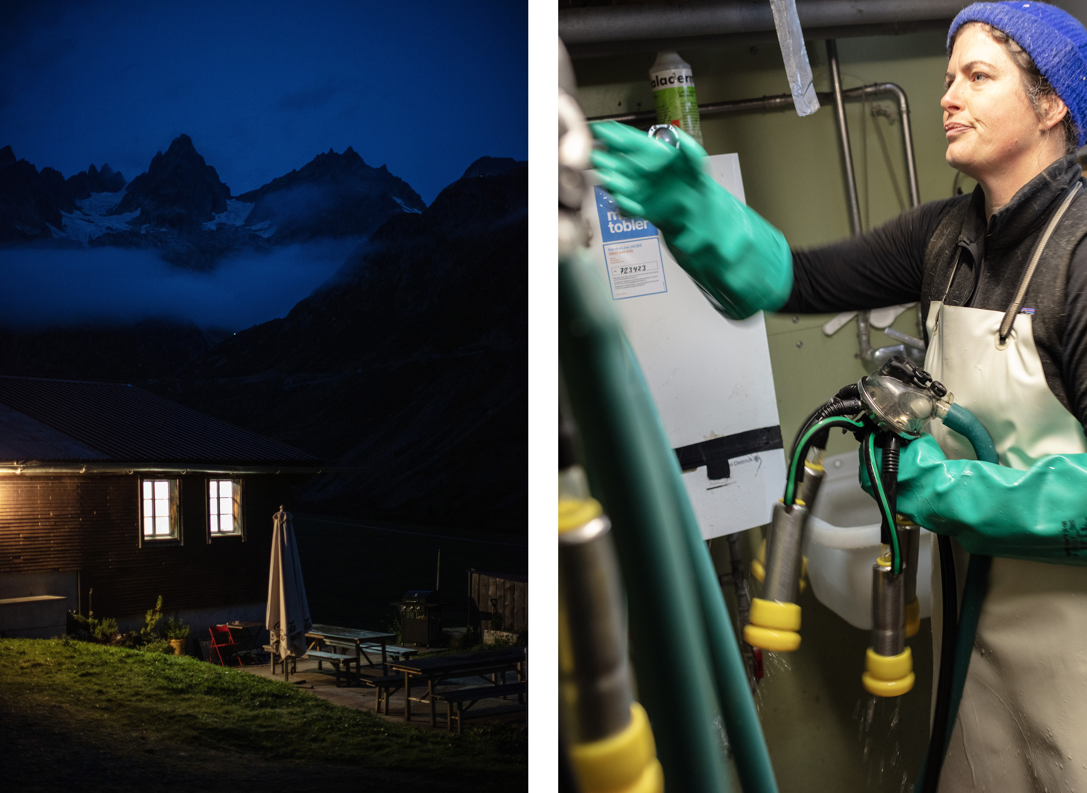 It is 5 o’clock in the morning, and breakfast is served inside the chalet (picture left). Evi Rigert rinses out the milking machines, and after another hour all cows have been milked.