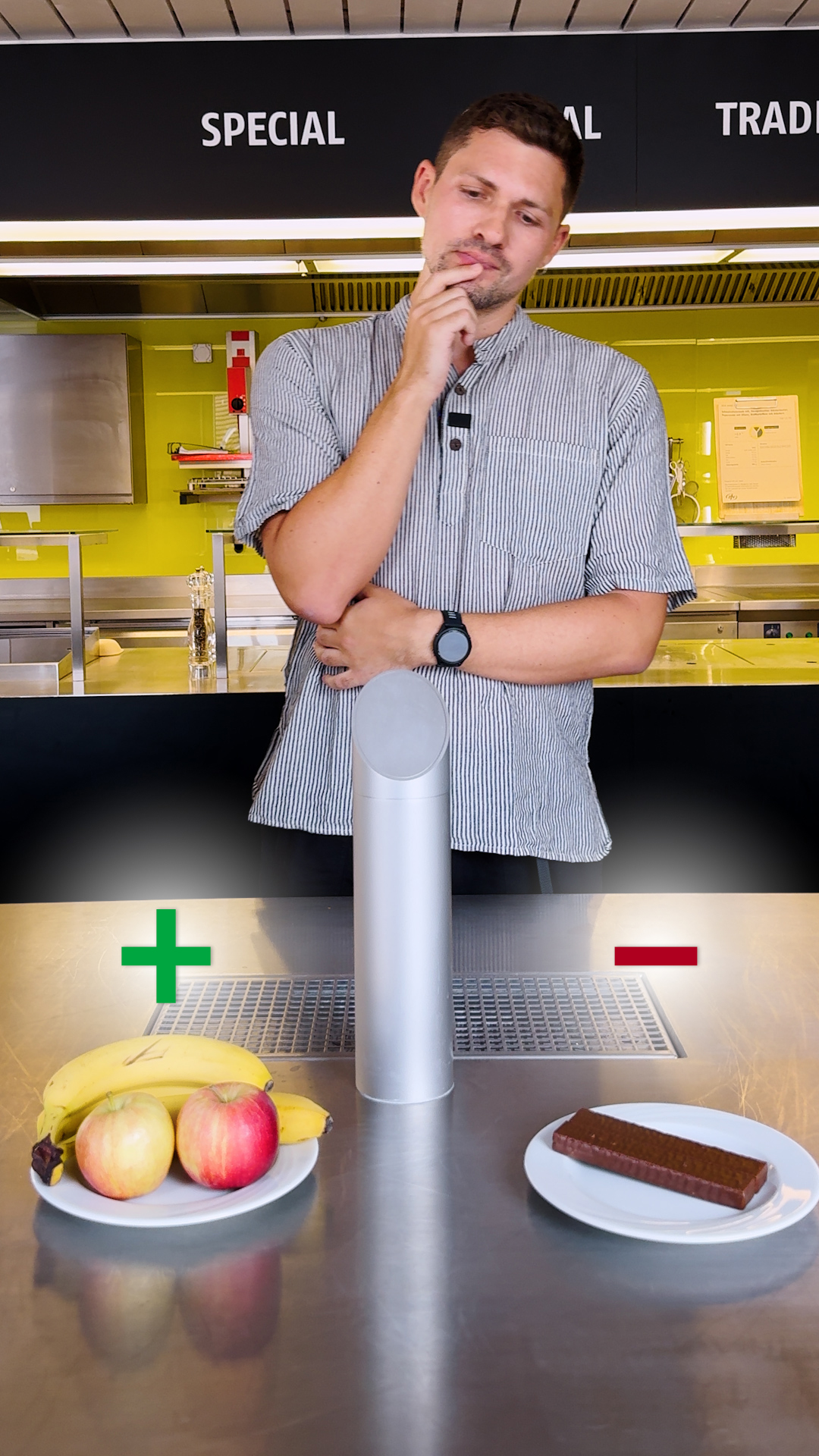 Photo of man deciding between apples or chocolate