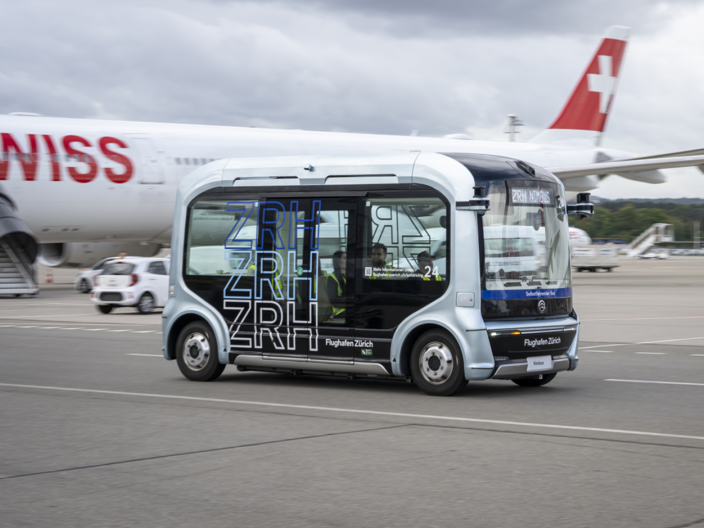 Zurich airport: autonomous buses near the tarmac for employees