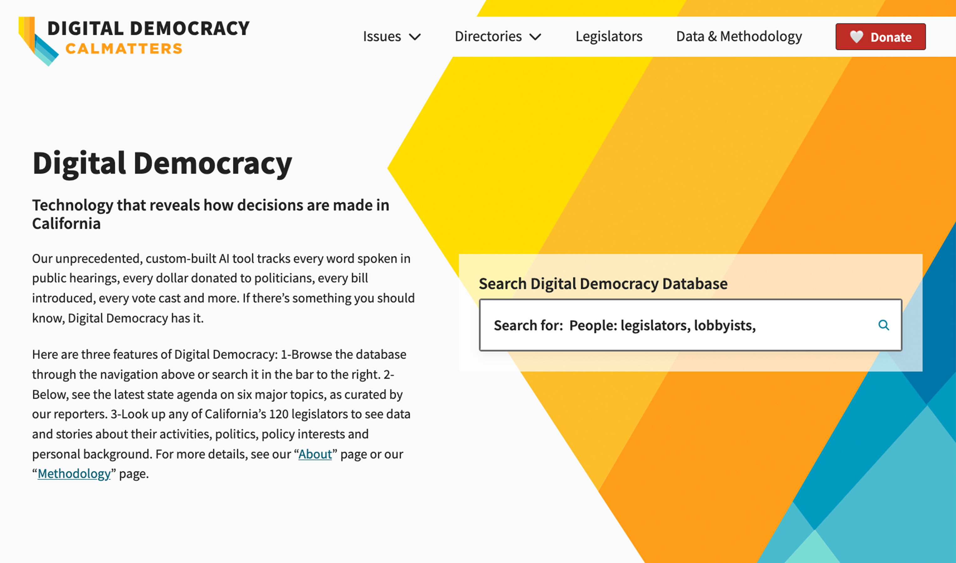 The "Digital Democracy" research tool from CalMatters.
