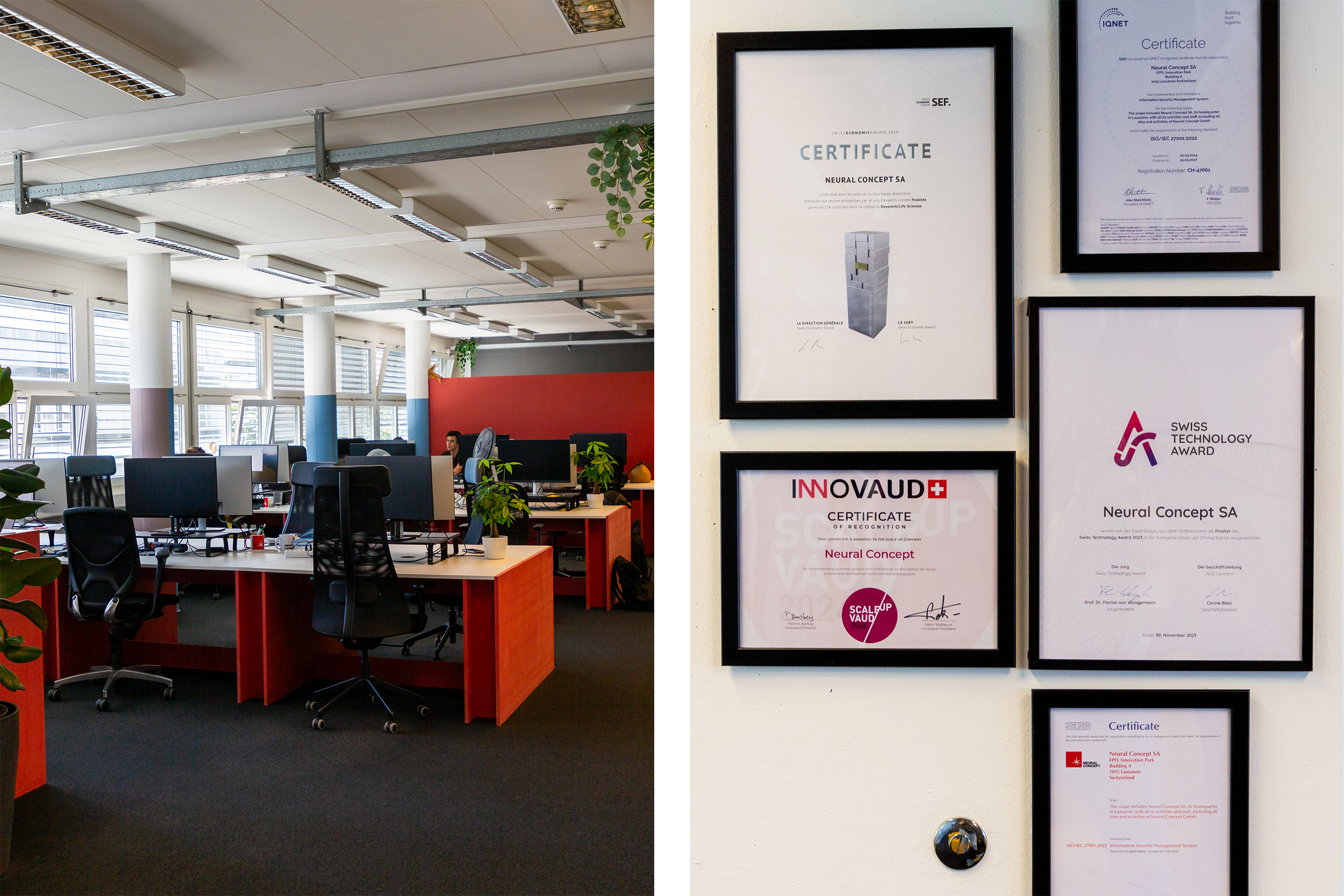 Two pictures, one of an office, the other of a wall with certificates