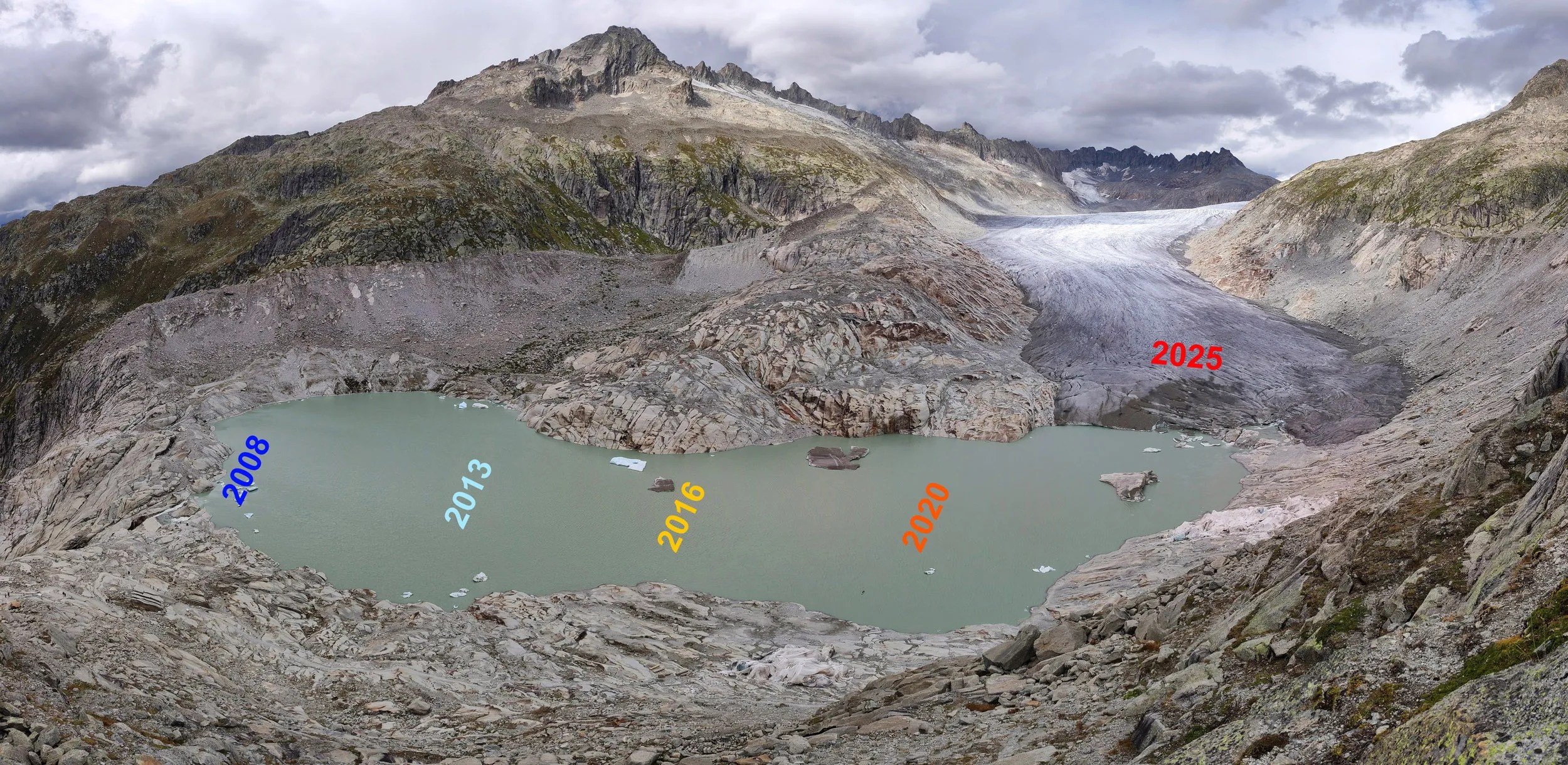 2008年至2025年間，瑞士羅納冰川(Rhonegletscher)的長度變化。
