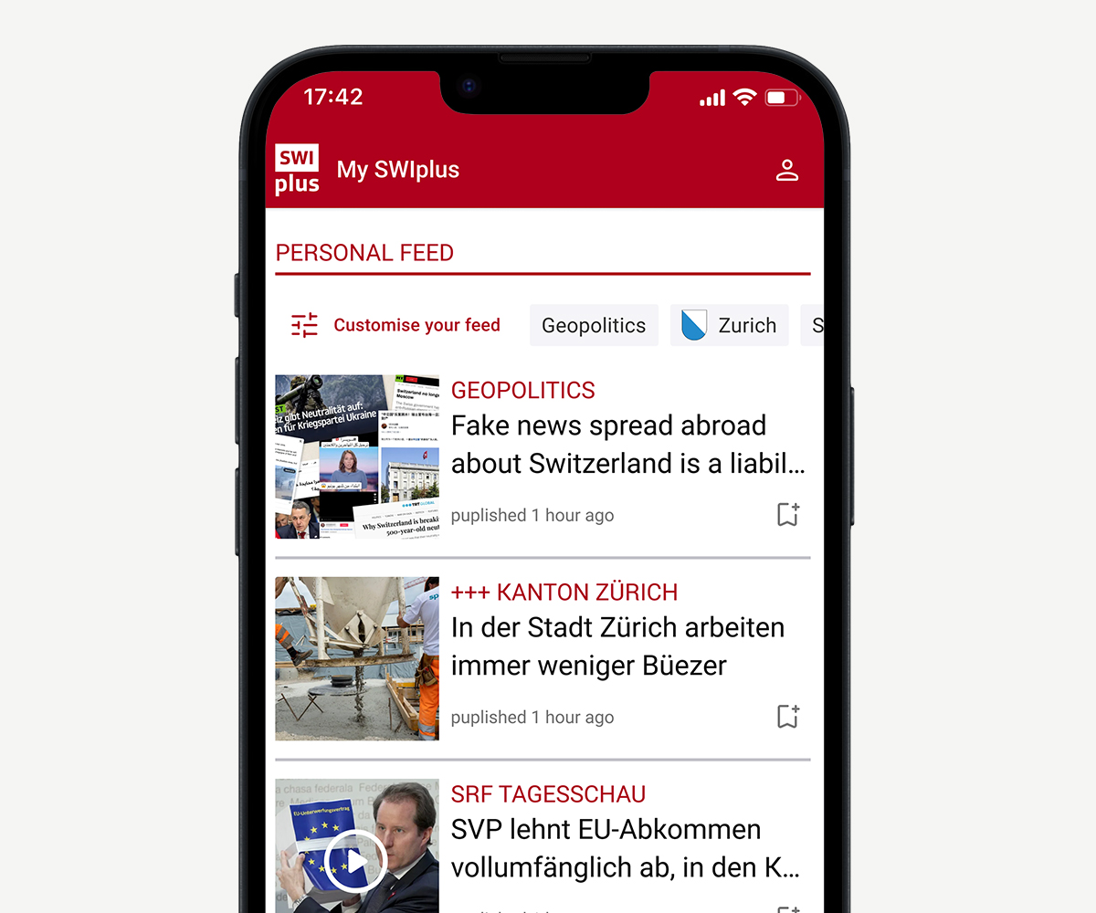 SWIplus App: your connection to Switzerland. One screen of the app showing the customisable news feed.