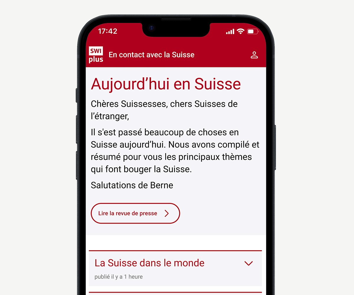App SWIplus: votre lien avec la Suisse. Un écran de la page d'accueil de l'application avec toutes les informations et nouvelles les plus importantes et les plus pertinentes de Suisse.