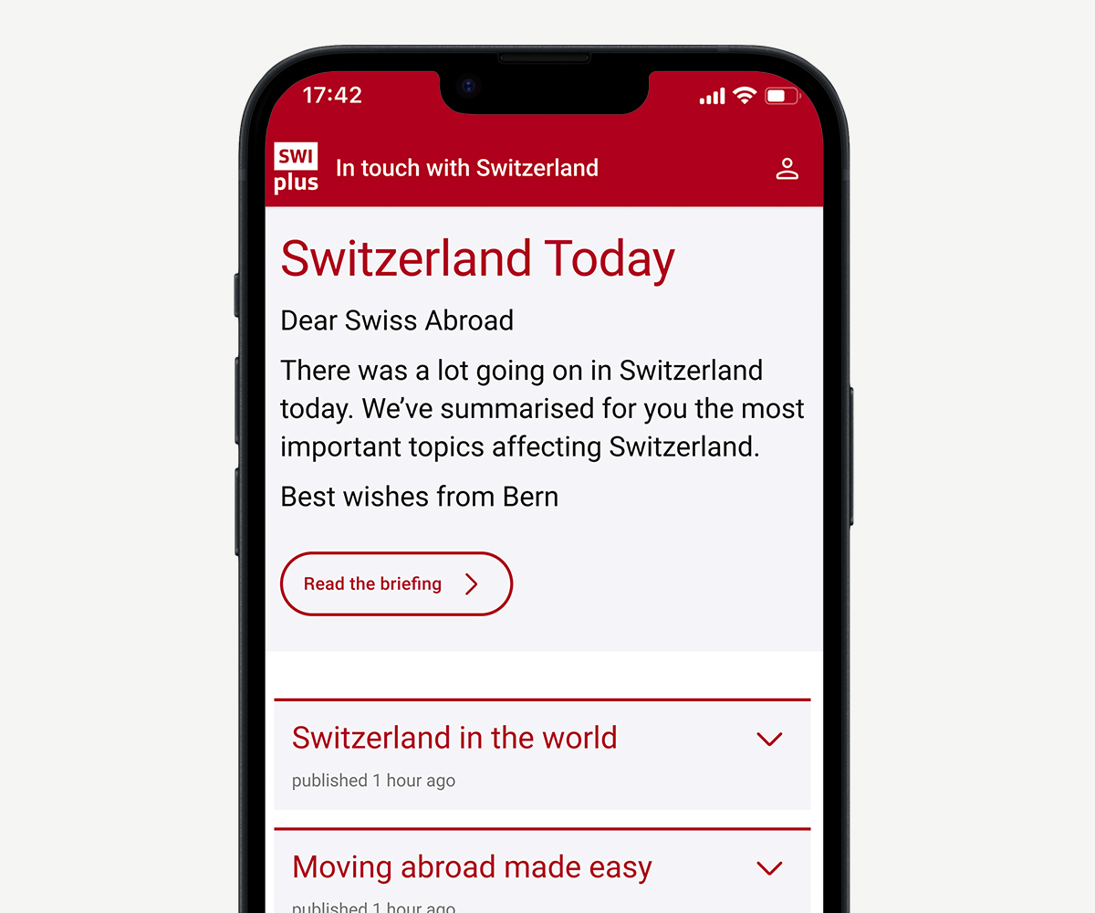 SWIplus App: your connection to Switzerland. One screen of the app's home page showing all the most important and relevant information and news from Switzerland.