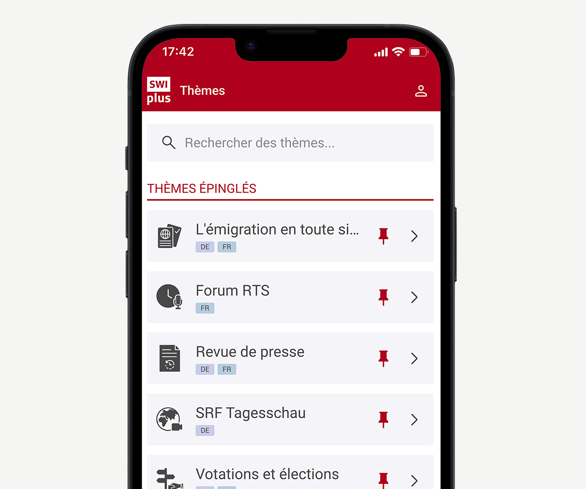App SWIplus: votre lien avec la Suisse. Un écran de l'application avec la vue d'ensemble des thèmes de l'application.