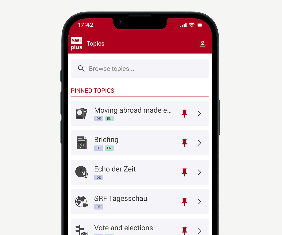 SWIplus App: your connection to Switzerland. One app screen with the topic overview of the app.