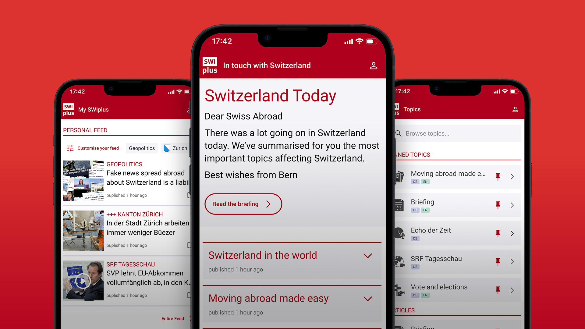 SWIplus App: your connection to Switzerland. One screen of the app's home page showing all the most important and relevant information and news from Switzerland.