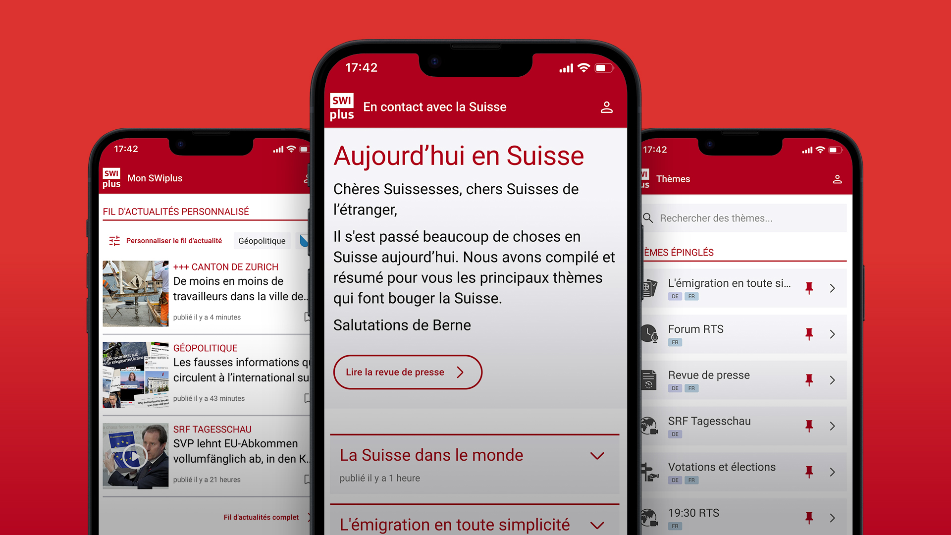 App SWIplus: votre lien avec la Suisse. Trois écrans de l'application avec les informations et les nouvelles les plus importantes et les plus pertinentes de Suisse.