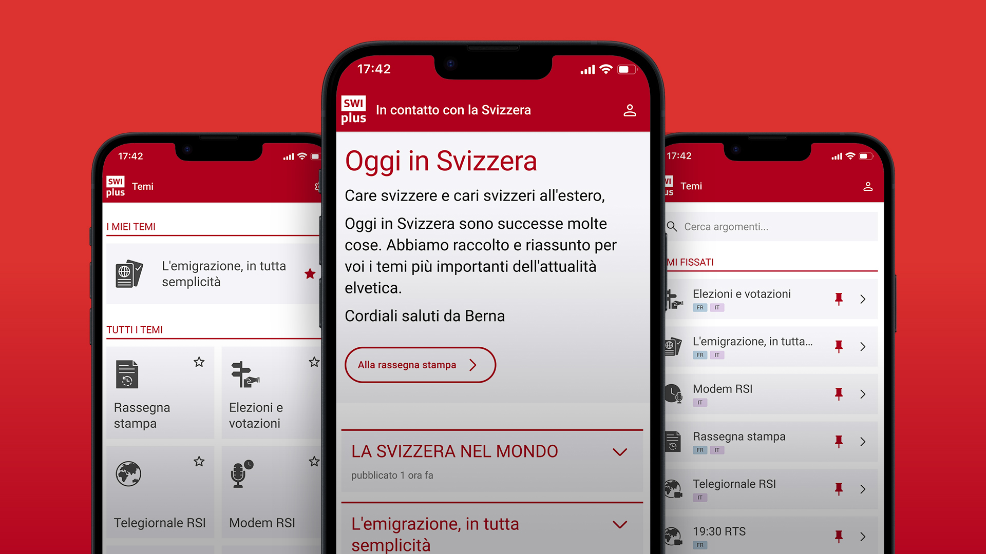 App SWIplus: il vostro collegamento con la Svizzera. Tre schermate dell'app con le informazioni e le notizie più importanti e rilevanti dalla Svizzera.