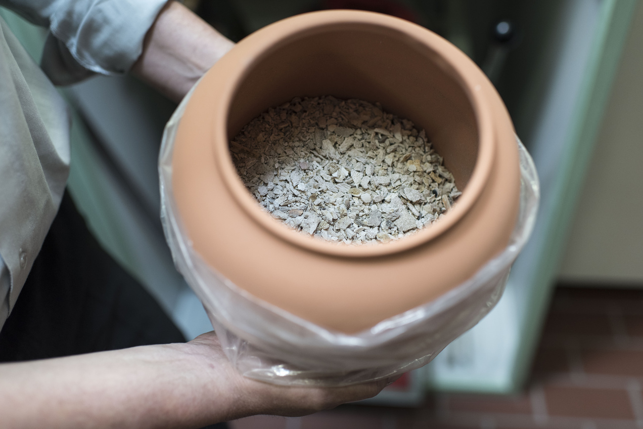 A filled urn in a Swiss crematorium.
