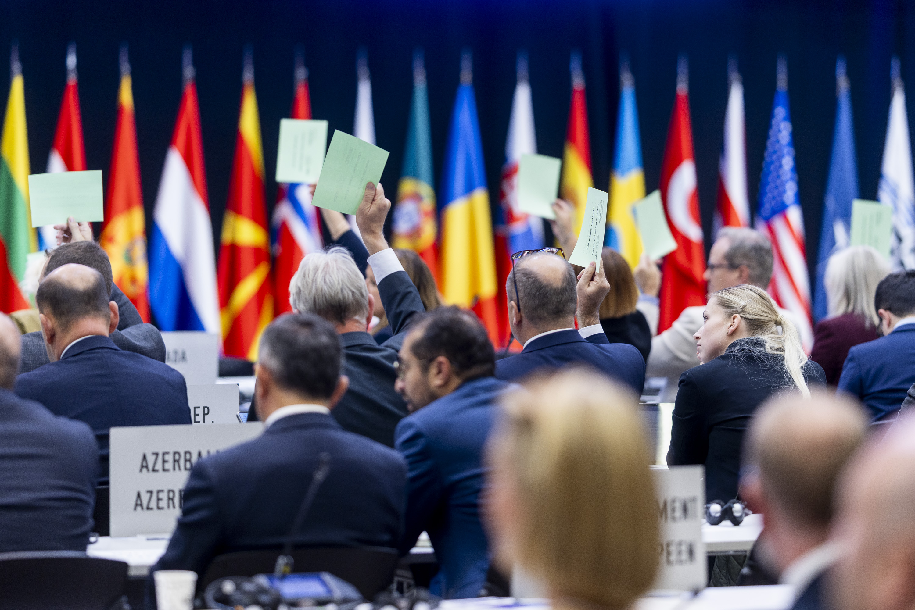 people in suits voting in front of flags