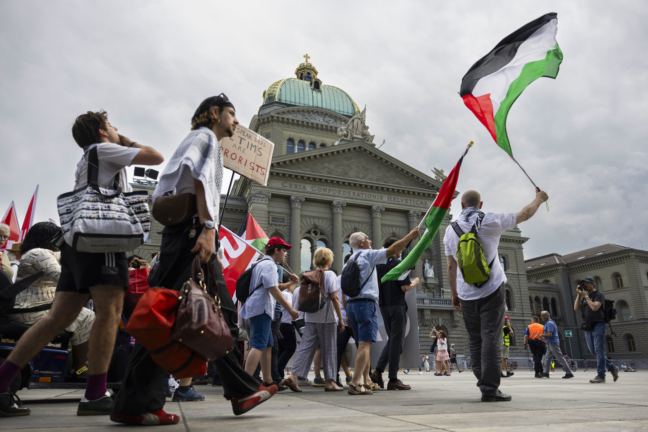A solidarity rally for Gaza in front of the Federal Palace in Bern in June 2025.