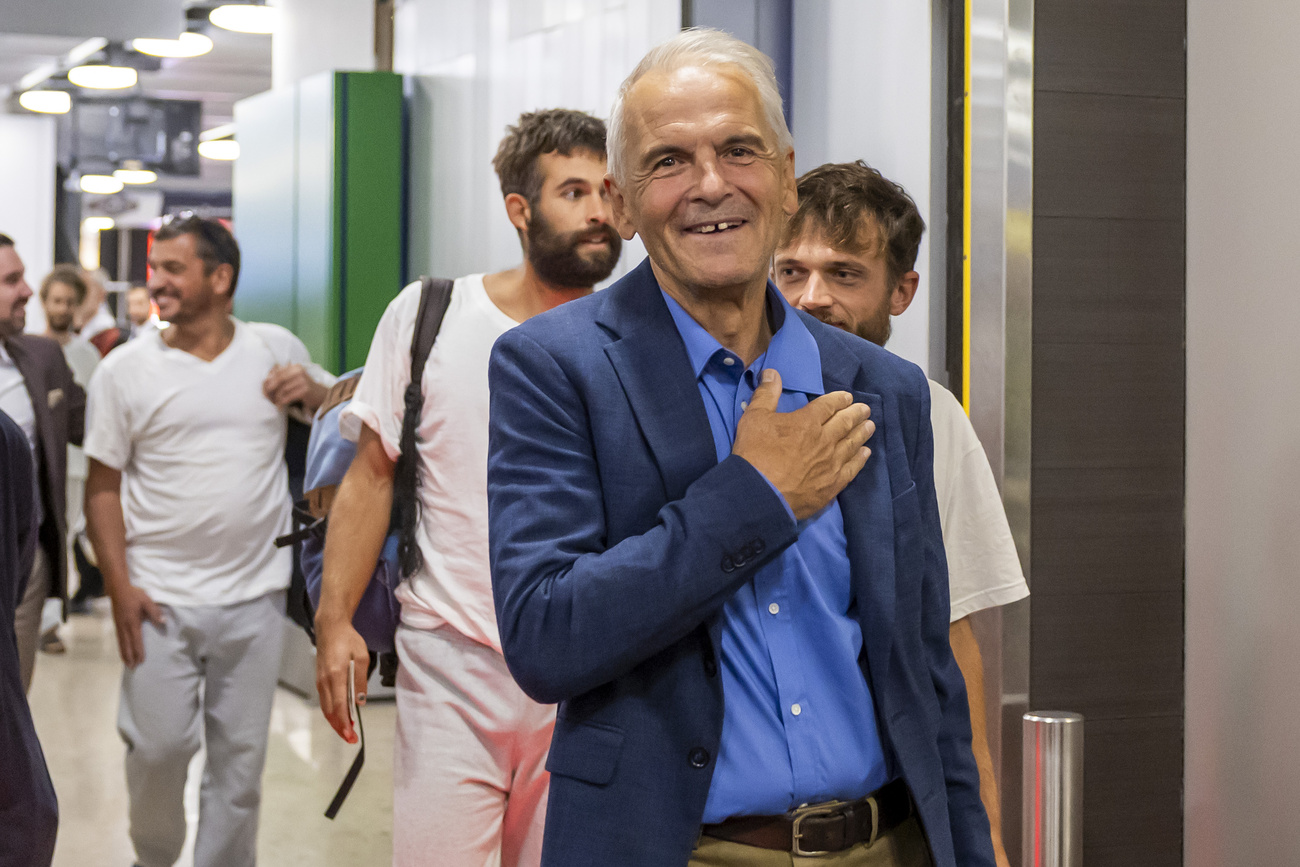 Rémy Pagani and other activists from the Global Sumud Flotilla arrive at Geneve Airport on Wednesday.