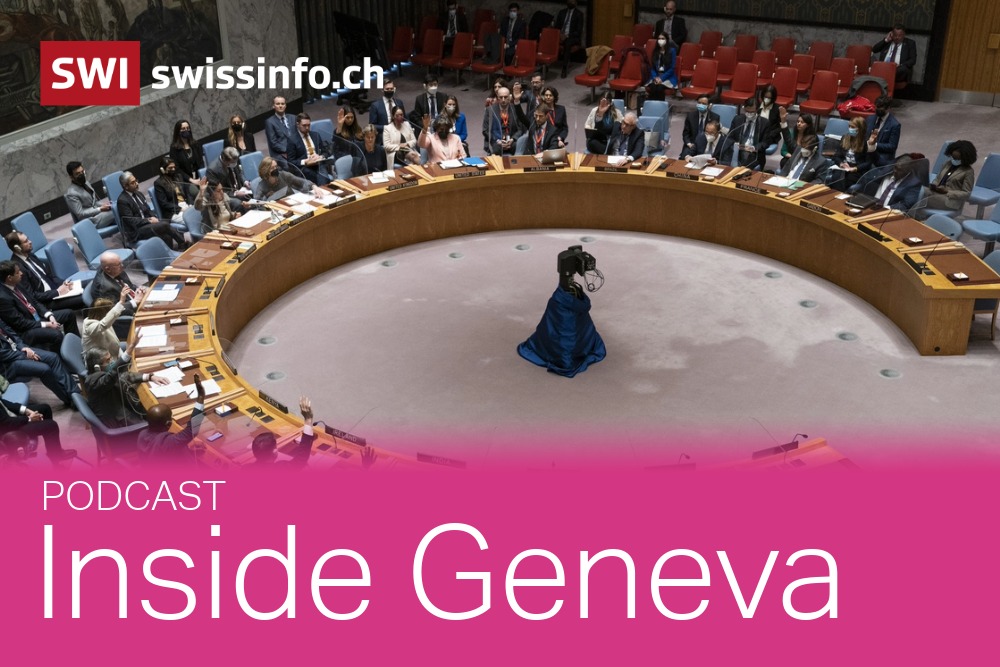 Photo of UN session with Inside Geneva podcast logo