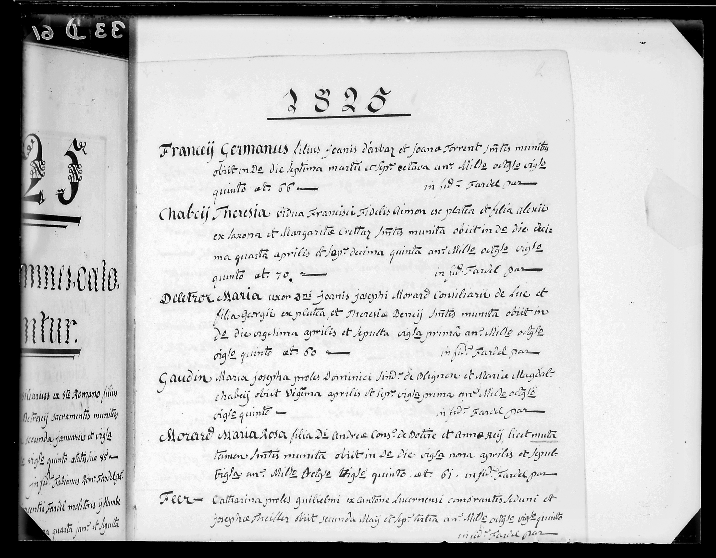 Una pagina di un antico registro parrocchiale del 1825