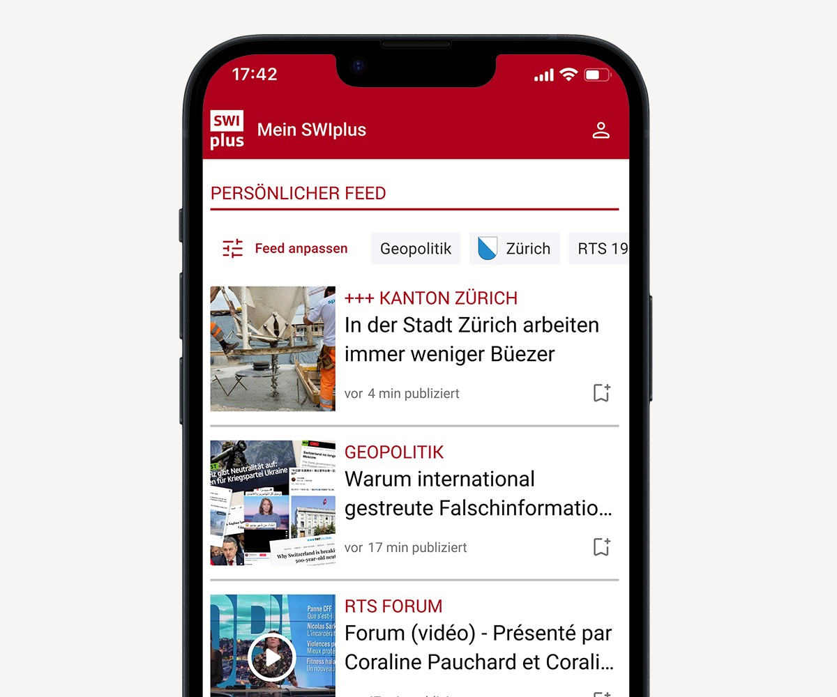 SWIplus App: your connection to Switzerland. One screen of the app showing the customisable news feed.