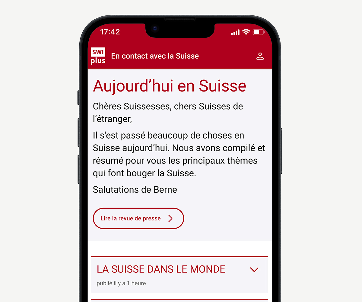 App SWIplus: votre lien avec la Suisse. Un écran de la page d'accueil de l'application avec toutes les informations et nouvelles les plus importantes et les plus pertinentes de Suisse.