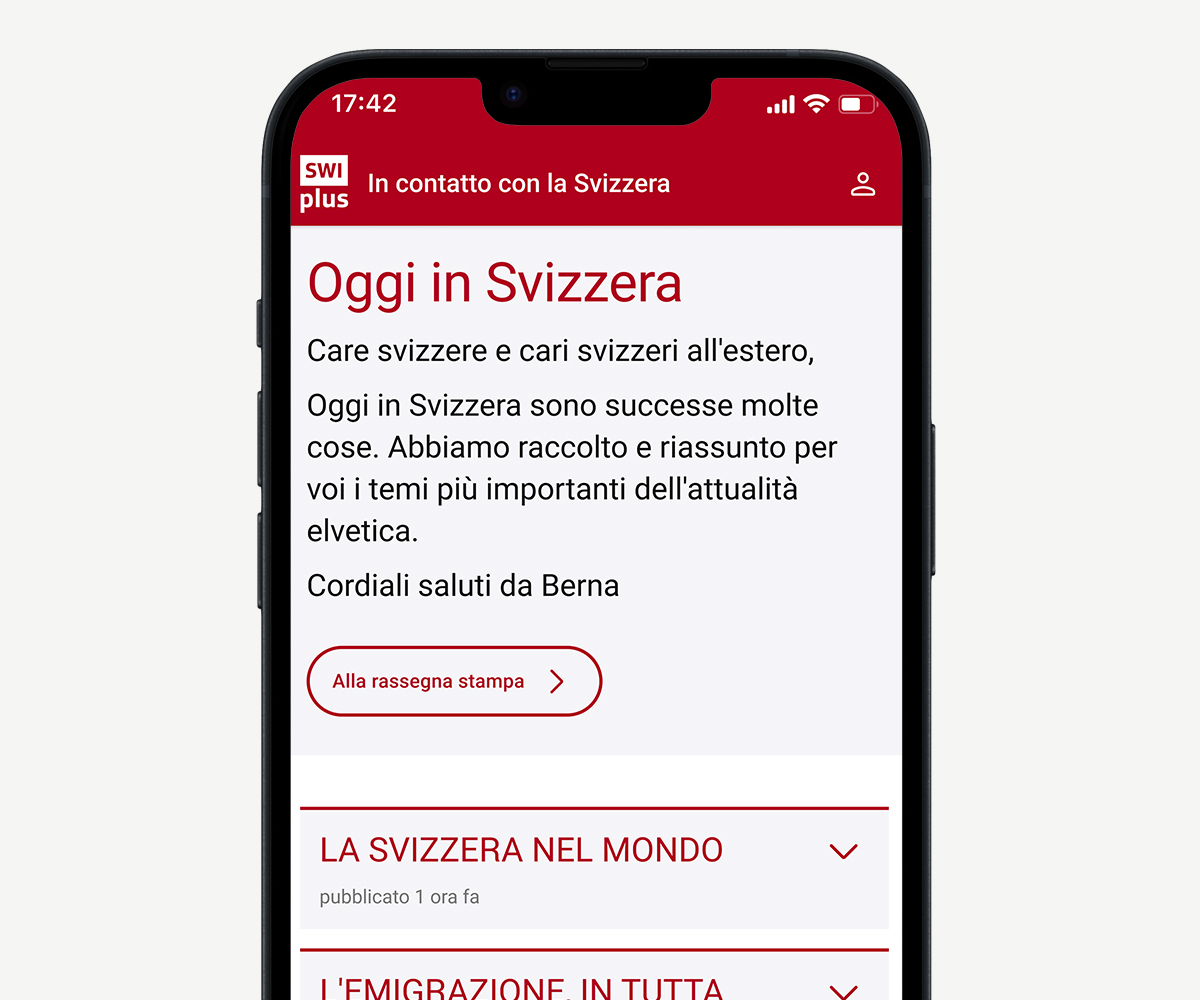 App SWIplus: il vostro collegamento con la Svizzera. Una schermata della pagina iniziale dell'app con tutte le informazioni e le notizie più importanti e rilevanti dalla Svizzera.