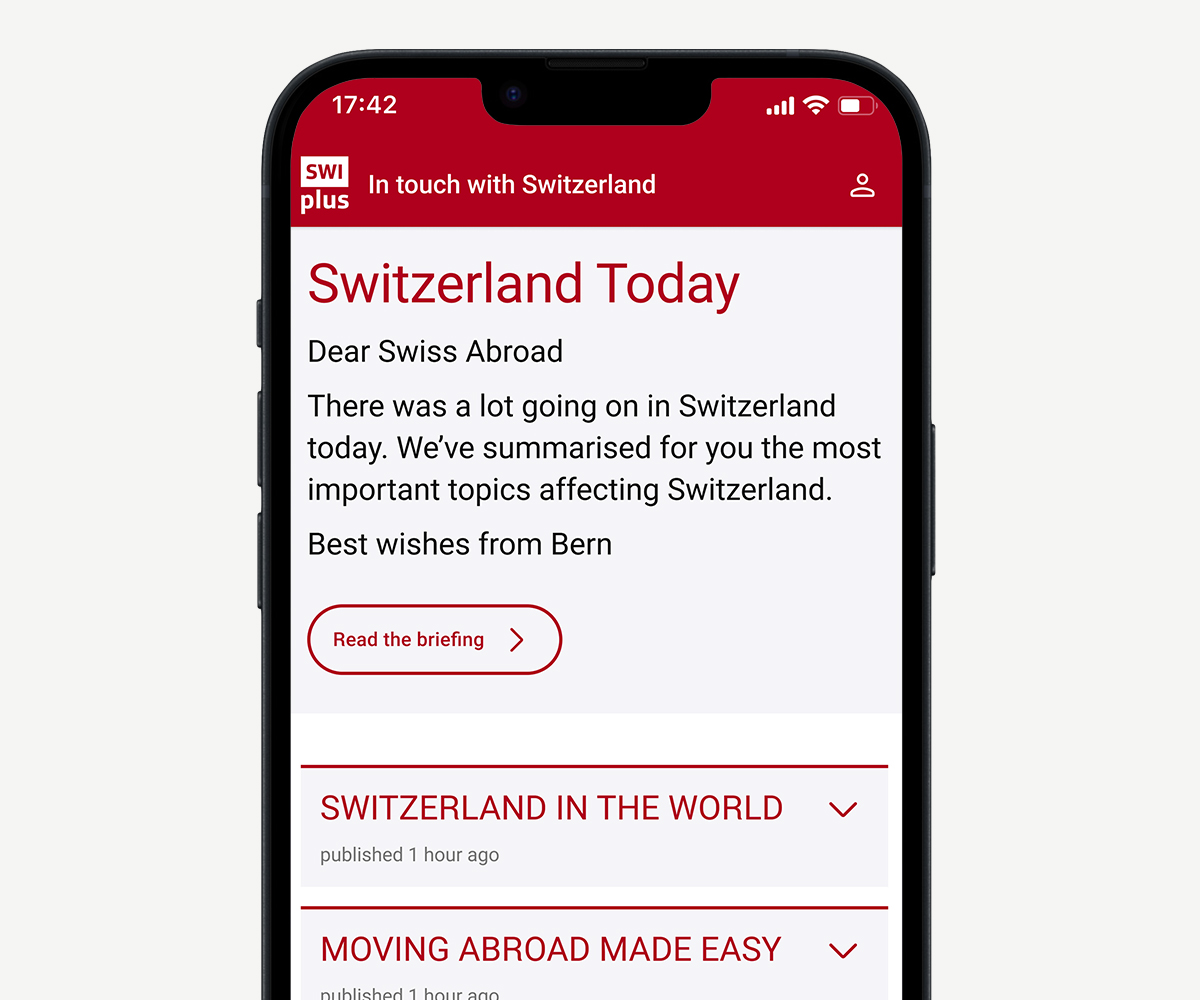 SWIplus App: your connection to Switzerland. One screen of the app's home page showing all the most important and relevant information and news from Switzerland.