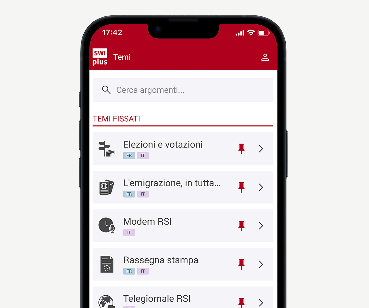 App SWIplus: il vostro collegamento con la Svizzera. Una schermata dell'app con la panoramica dei temi dell'app.