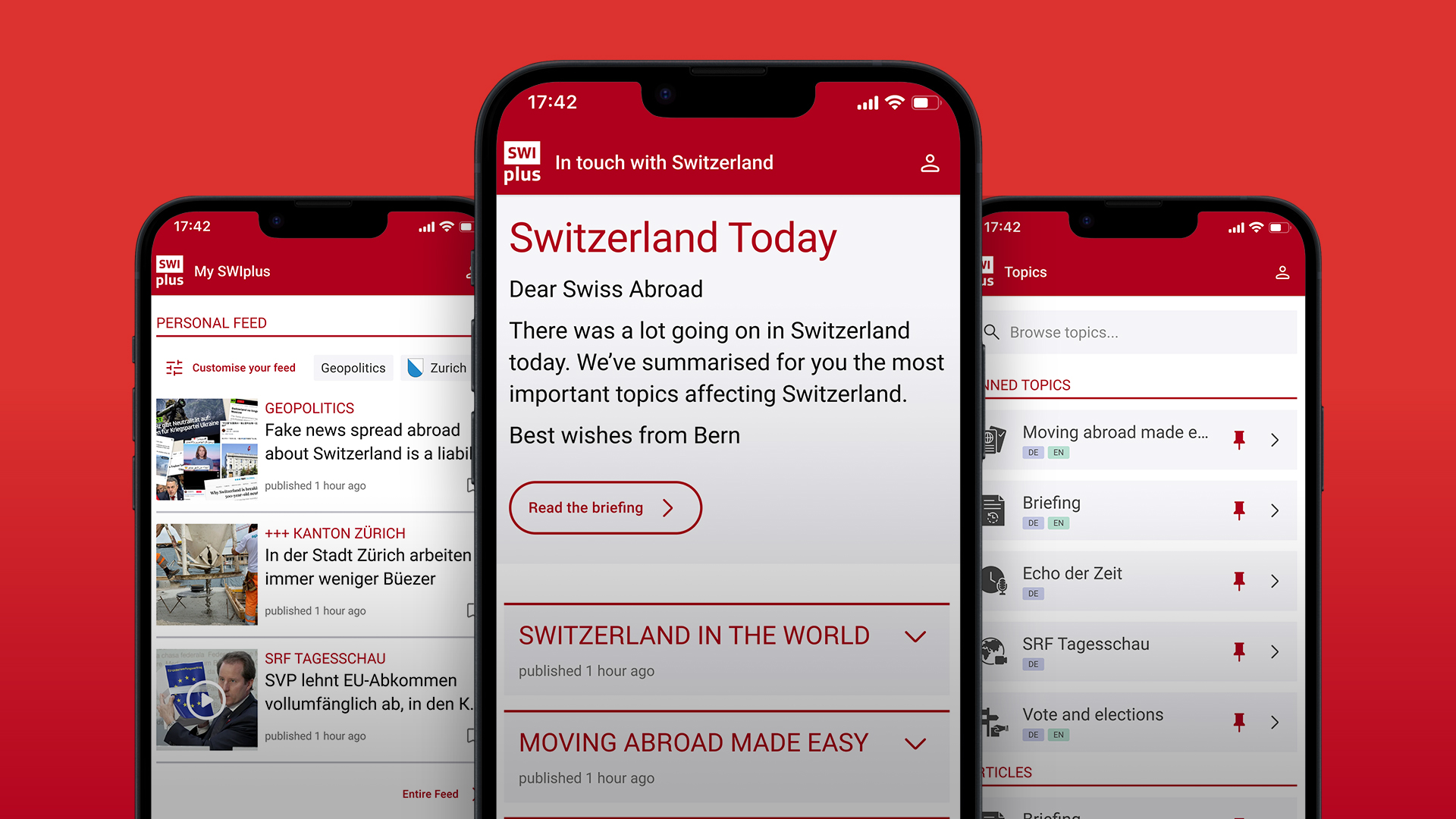 SWIplus App: your connection to Switzerland. Three screens of the app showing the most important and relevant information and news from Switzerland.