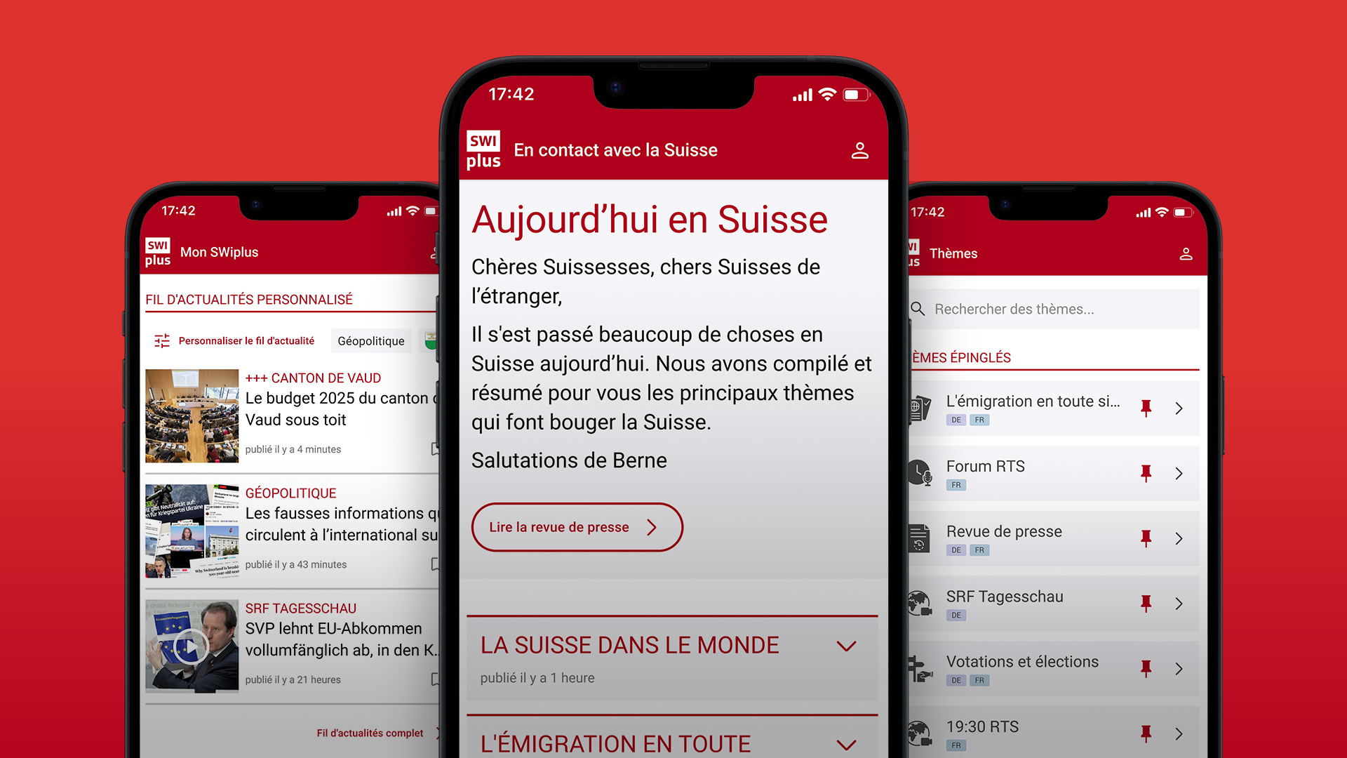 App SWIplus: votre lien avec la Suisse. Trois écrans de l'application avec les informations et les nouvelles les plus importantes et les plus pertinentes de Suisse.