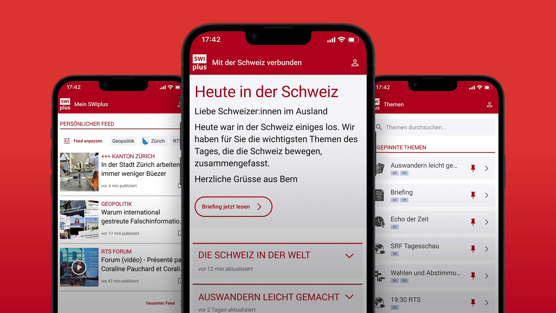 SWIplus App: Ihre Verbindung zur Schweiz. Drei Bildschirme der App mit den wichtigsten und relevantesten Informationen und Nachrichten aus der Schweiz.