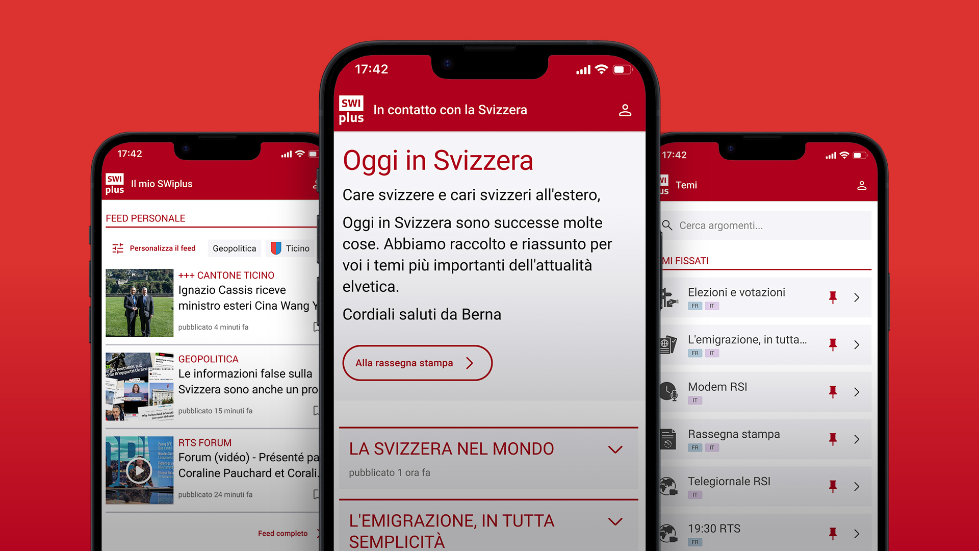 App SWIplus: il vostro collegamento con la Svizzera. Tre schermate dell'app con le informazioni e le notizie più importanti e rilevanti dalla Svizzera.