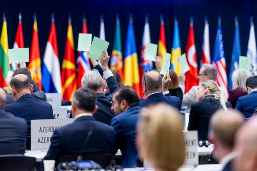 在斯洛維尼亞盧布爾雅那舉行的北約議會大會會議上，委員會會議期間的投票場景。