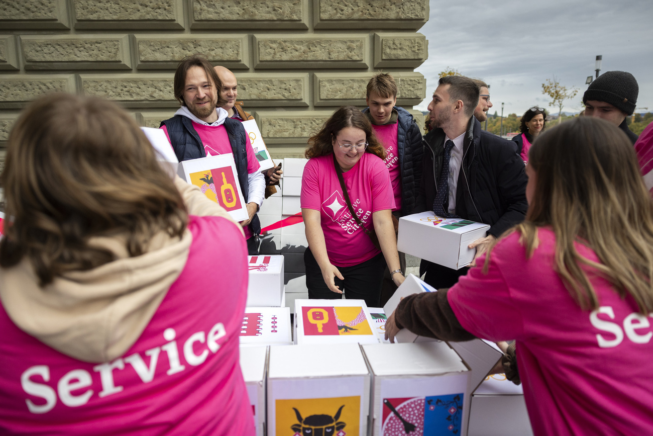 Menschen in rosa T-Shirts häufen Kartonkisten mit Kantonswappen zu einer Mauer