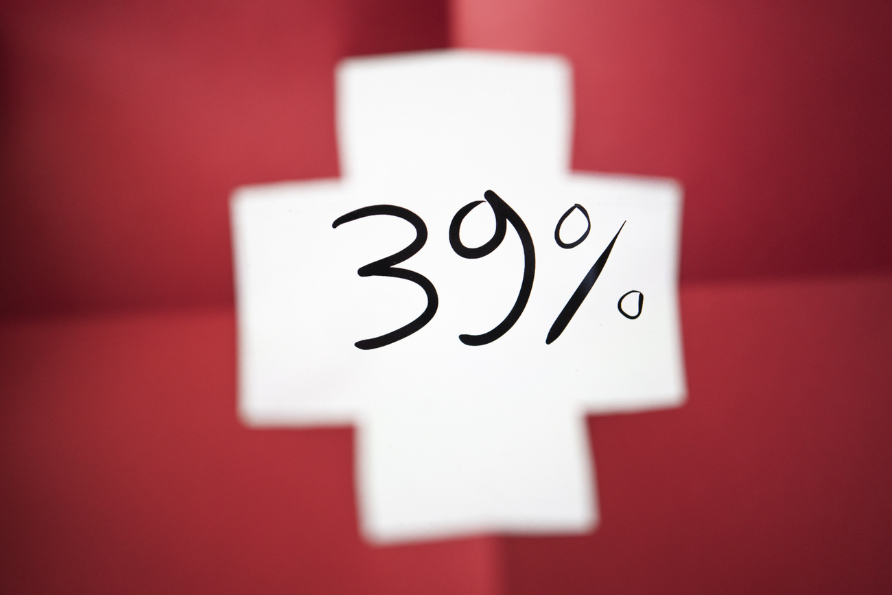 Bandiera svizzera con la scritta 39%.